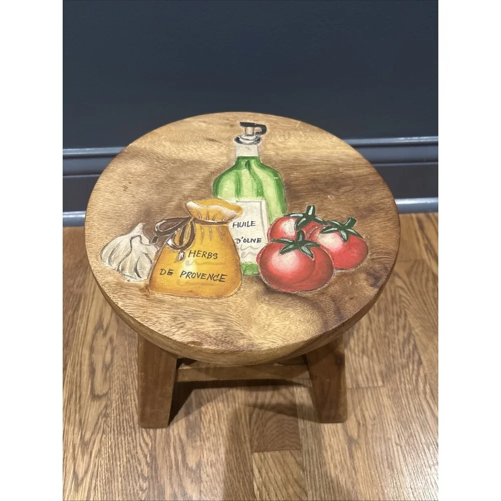 Rustic Carved wood Stool Hand Painted 10